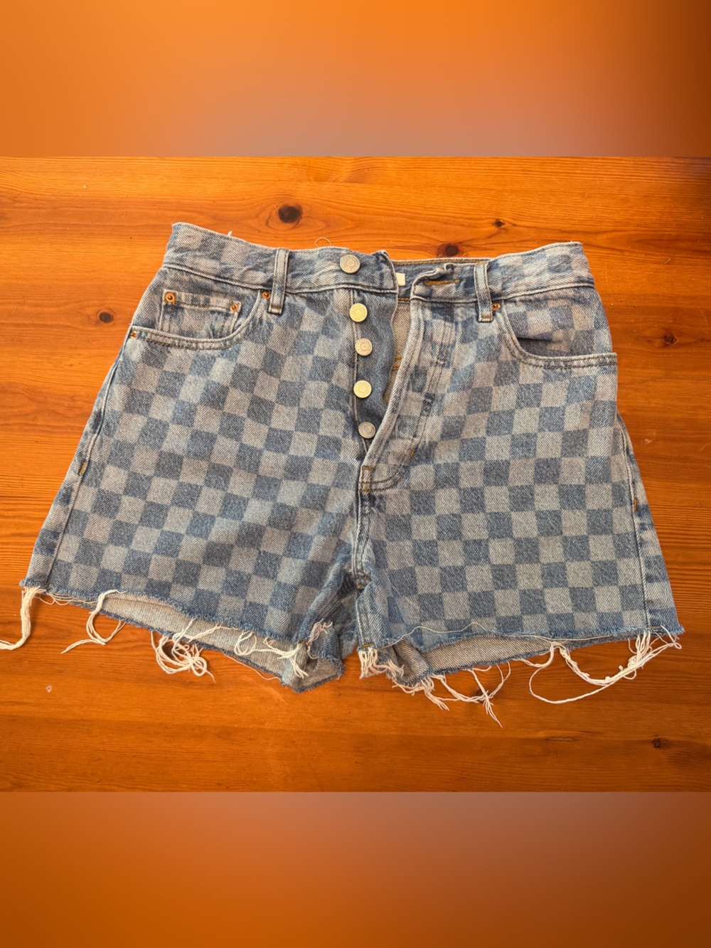 PacSun Blue Checkerboard Denim High-Waist Shorts